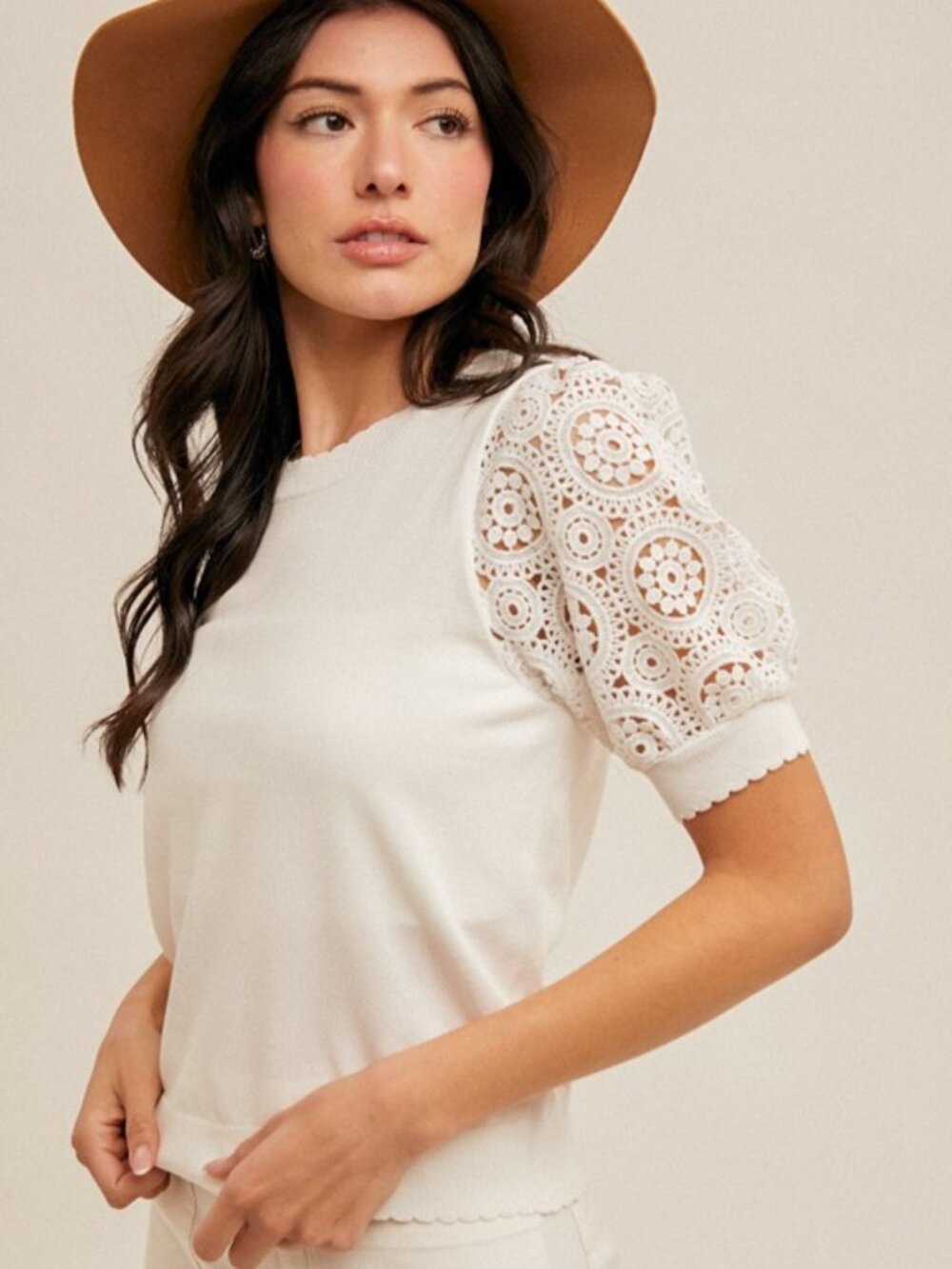 NWT Boutique: Hem & Thread Crochet Sleeve Scalloped Hem & Neck Sweater Knit Top